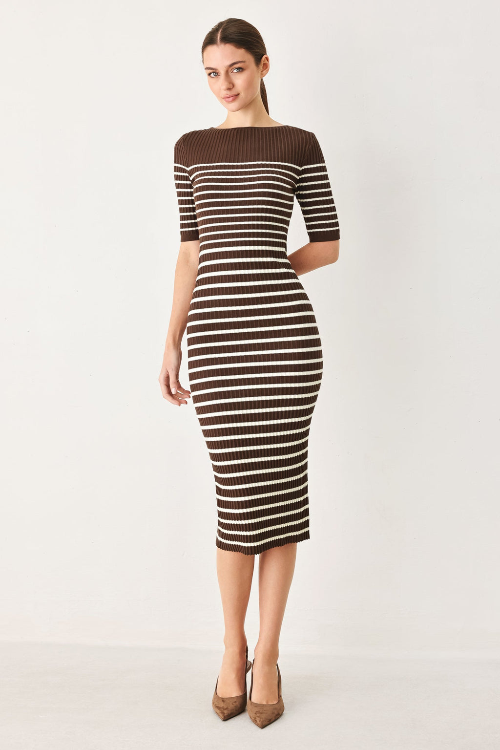 Flying Tomato Chocolate Stripe Sweater Midi Dress