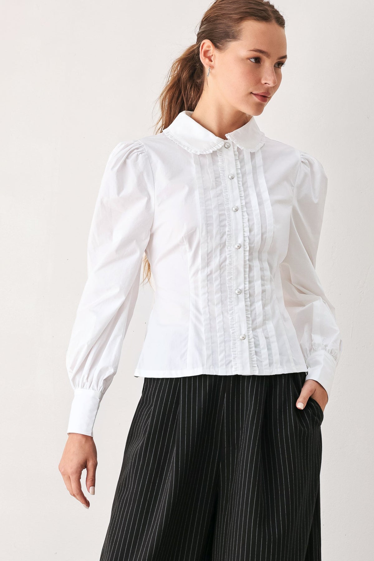 Flying Tomato Regency White Pintuck Cotton Blouse