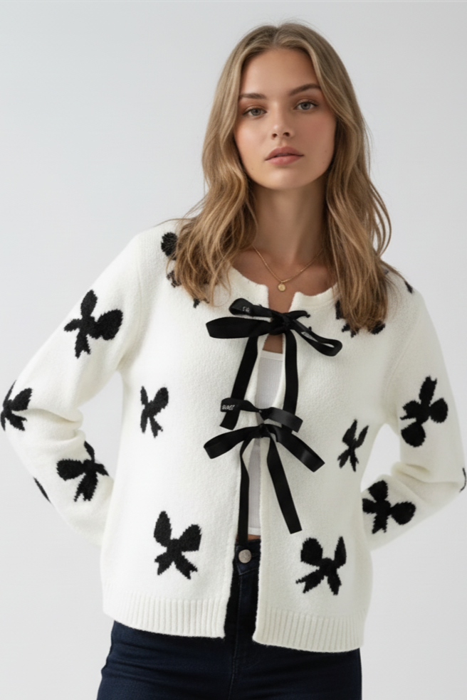 Miss Sparkling Bow Print Tie-Front Cardigan