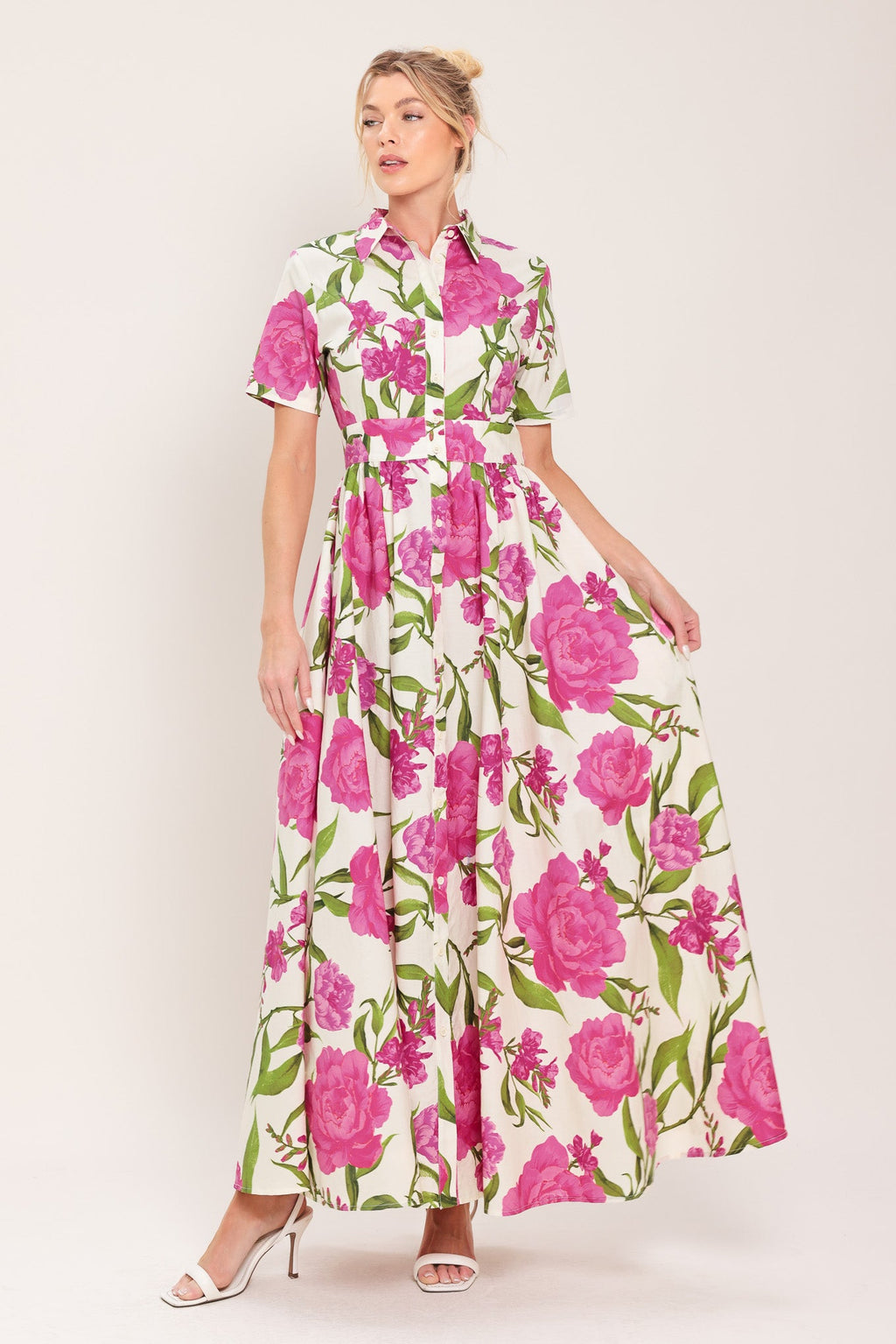 Flying Tomato Blooming Rose Woven Maxi Shirt Dress