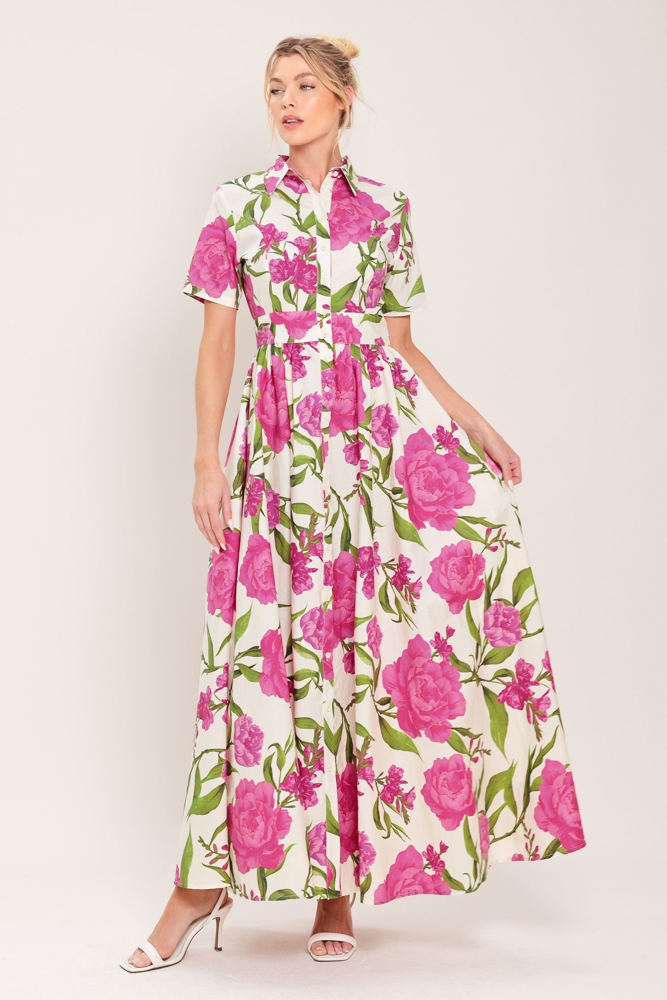Flying Tomato Blooming Rose Woven Maxi Shirt Dress