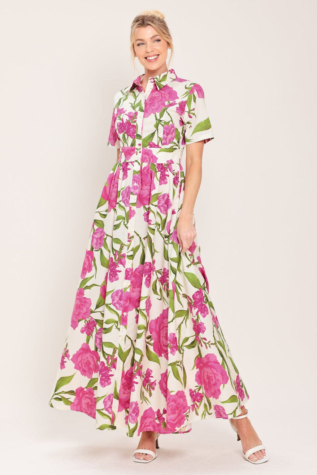 Flying Tomato Blooming Rose Woven Maxi Shirt Dress