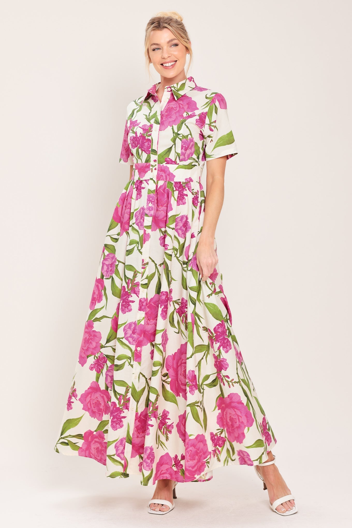 Flying Tomato Blooming Rose Woven Maxi Shirt Dress