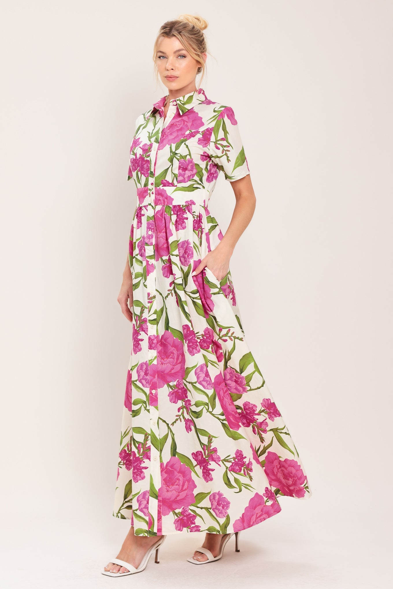 Flying Tomato Blooming Rose Woven Maxi Shirt Dress