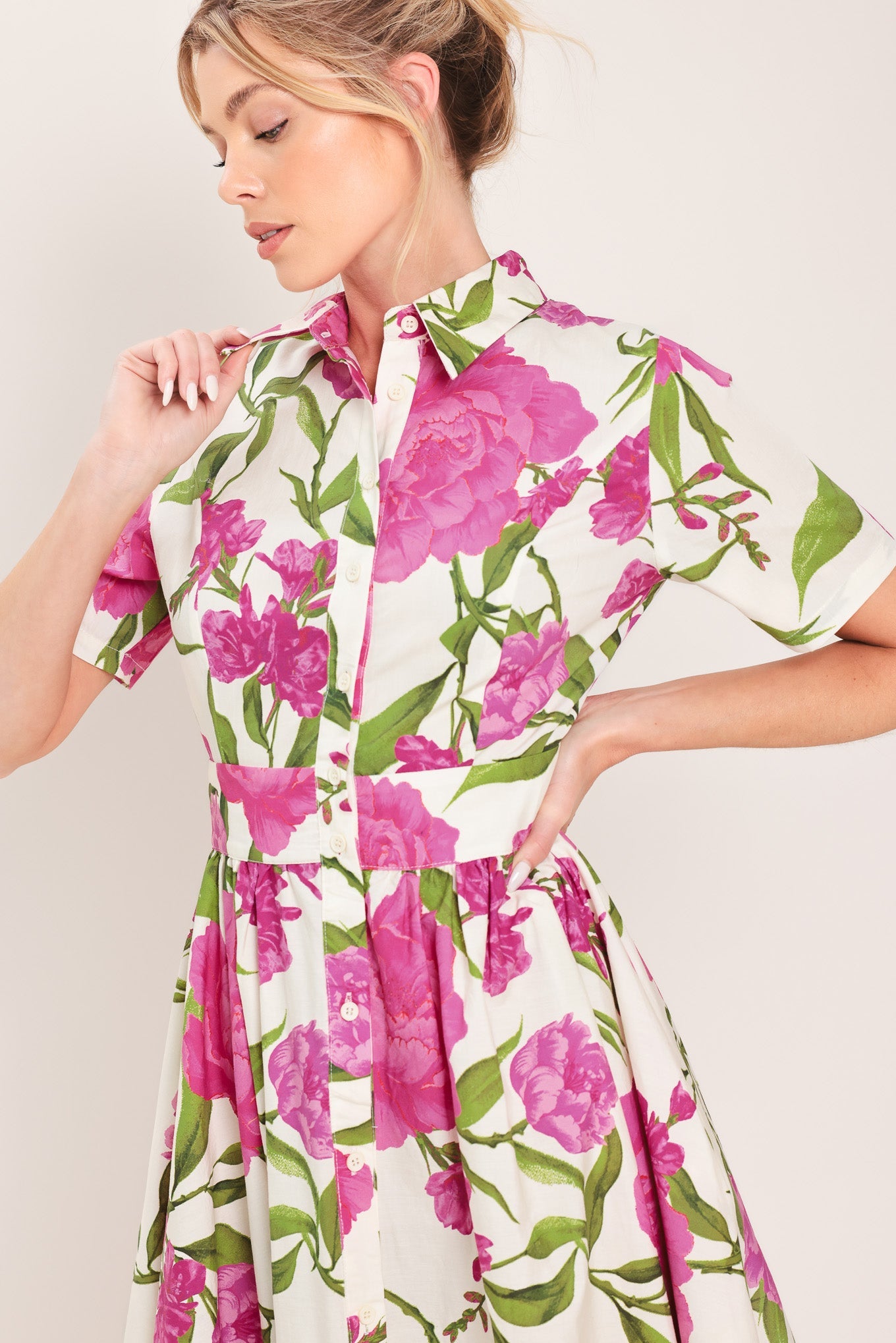 Flying Tomato Blooming Rose Woven Maxi Shirt Dress