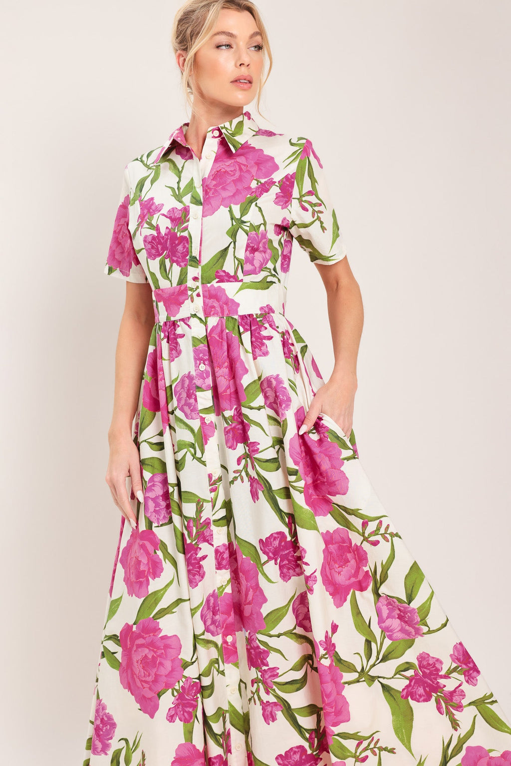 Flying Tomato Blooming Rose Woven Maxi Shirt Dress