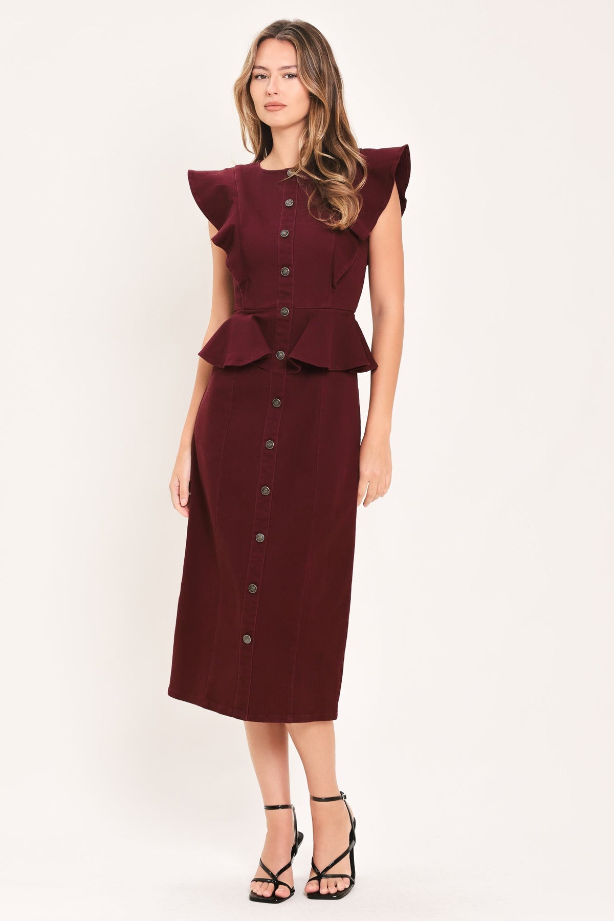 Flying Tomato Burgundy Ruffle Reverence Midi Dress