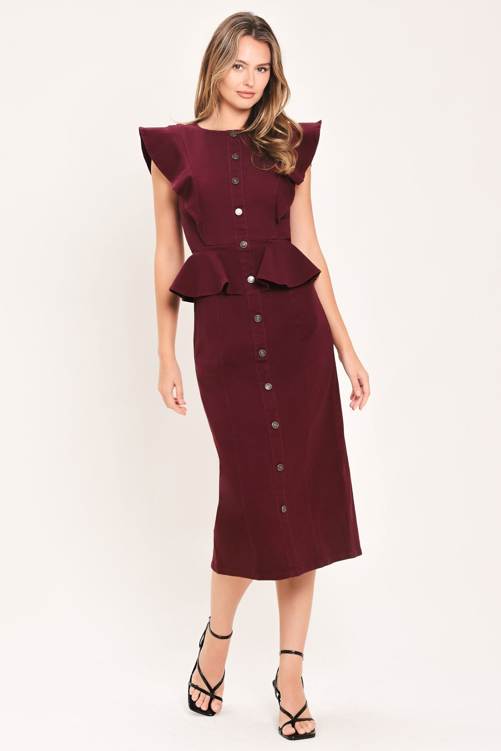Flying Tomato Burgundy Ruffle Reverence Midi Dress