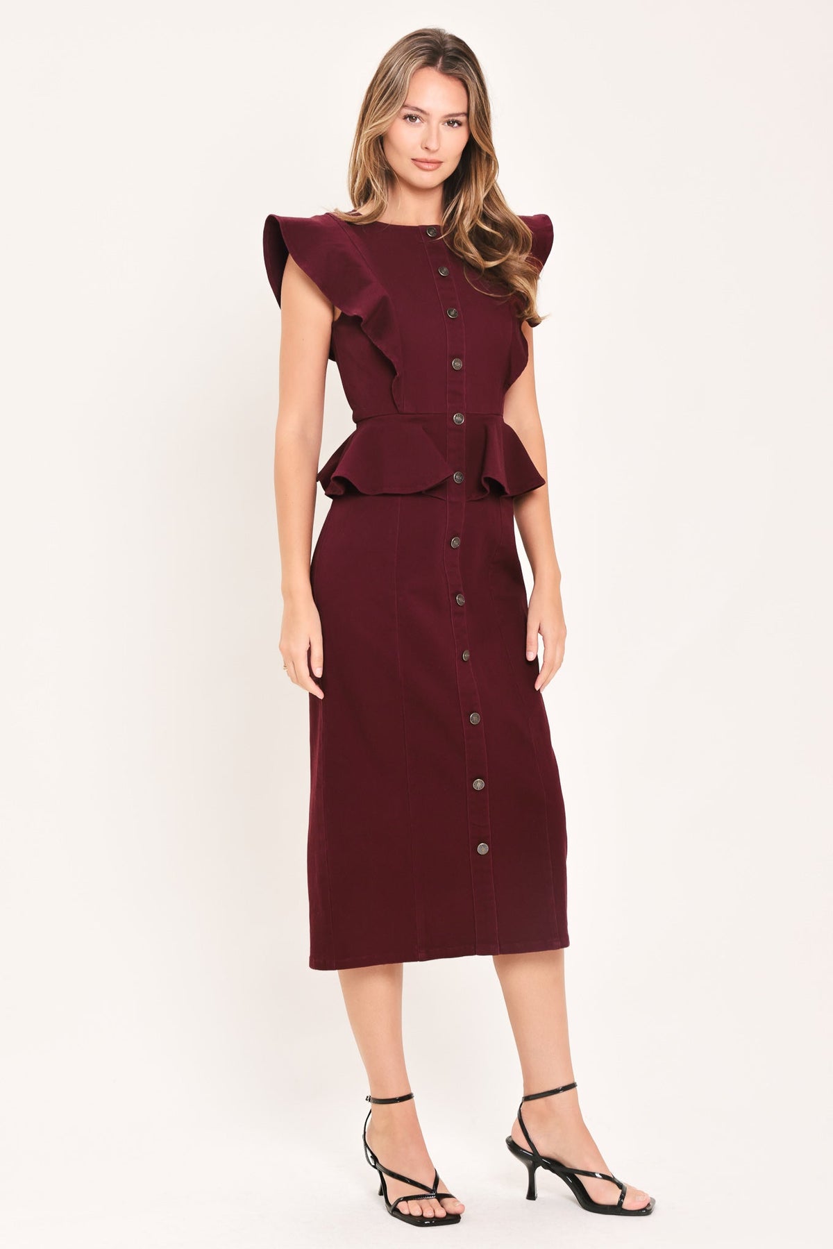 Flying Tomato Burgundy Ruffle Reverence Midi Dress