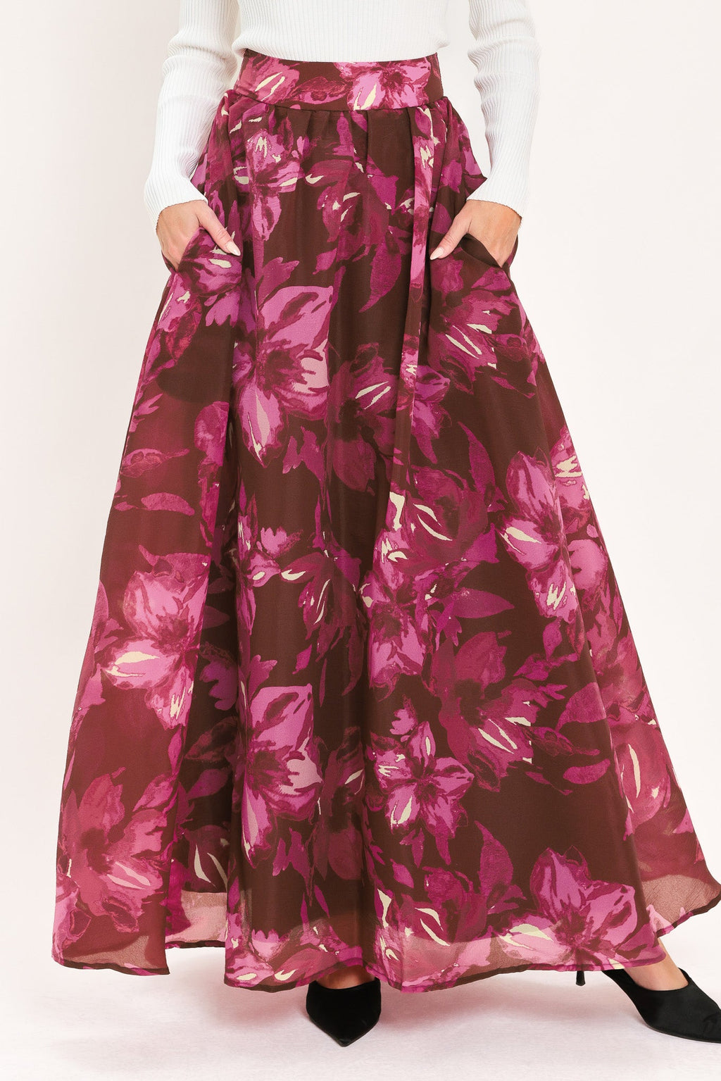 Flying Tomato Magenta Bloom Burgundy Floral Maxi Skirt