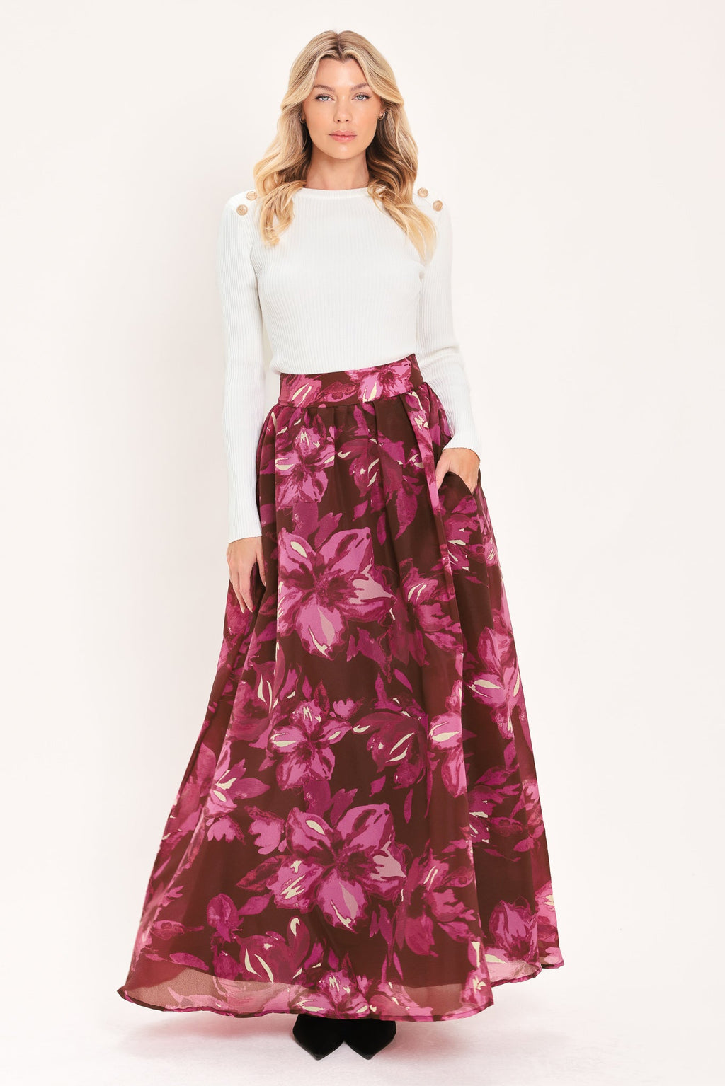 Flying Tomato Magenta Bloom Burgundy Floral Maxi Skirt