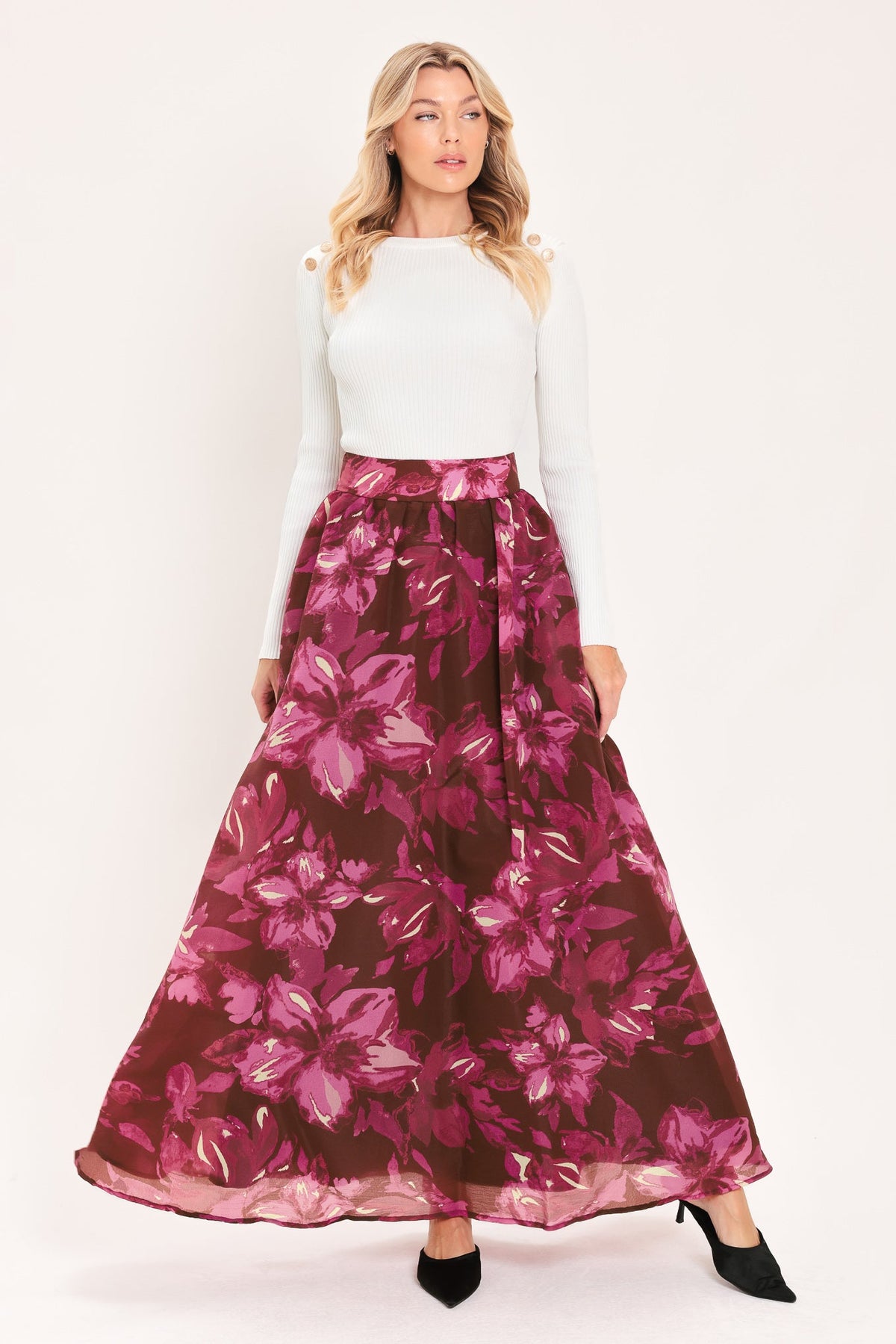 Flying Tomato Magenta Bloom Burgundy Floral Maxi Skirt