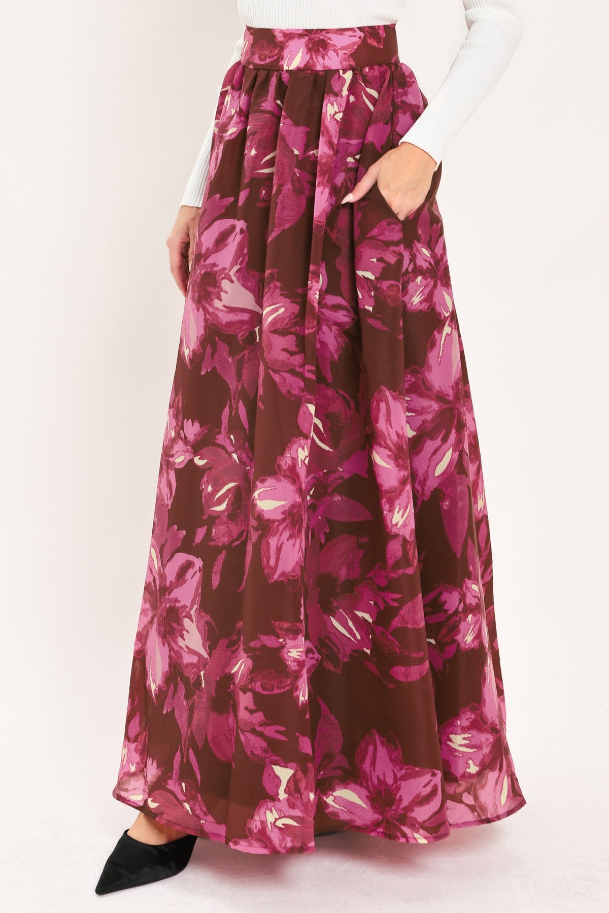 Flying Tomato Magenta Bloom Burgundy Floral Maxi Skirt