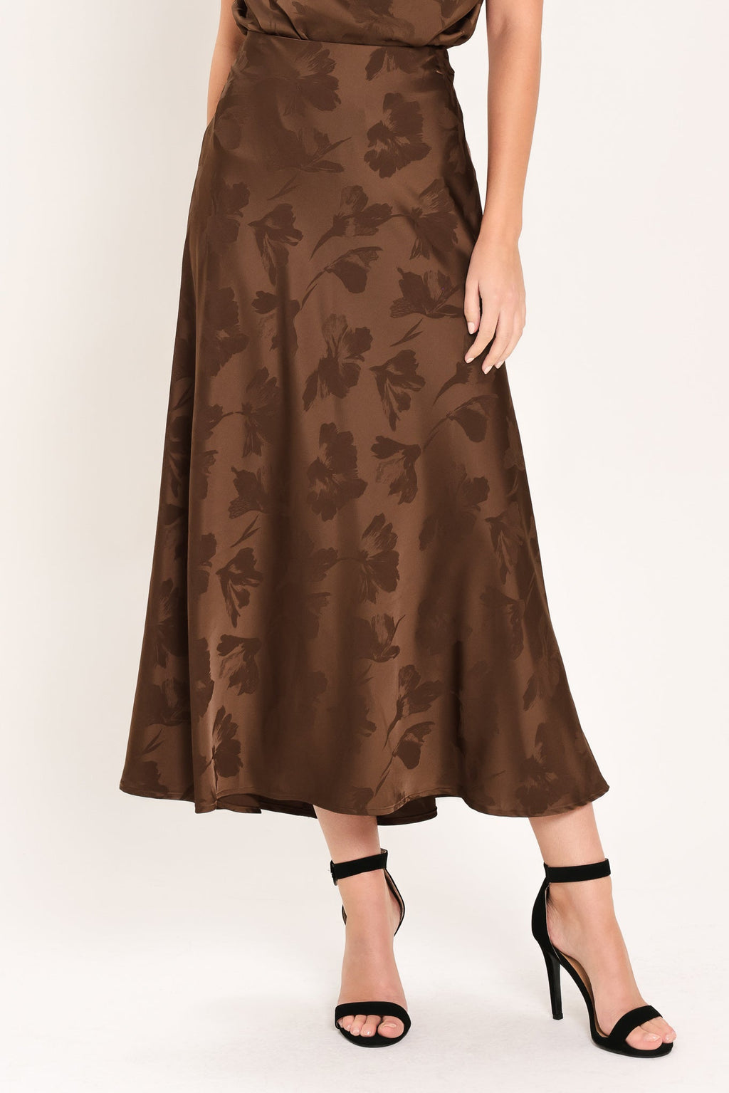 Flying Tomato Chocolate Floral Woven Jacquard Midi Skirt
