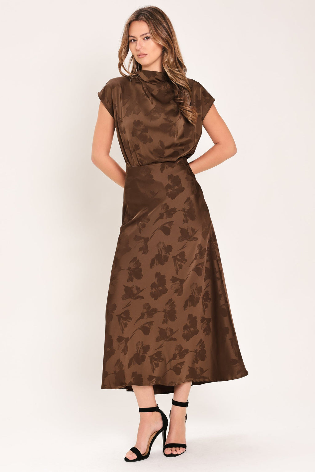Flying Tomato Chocolate Floral Woven Jacquard Midi Skirt