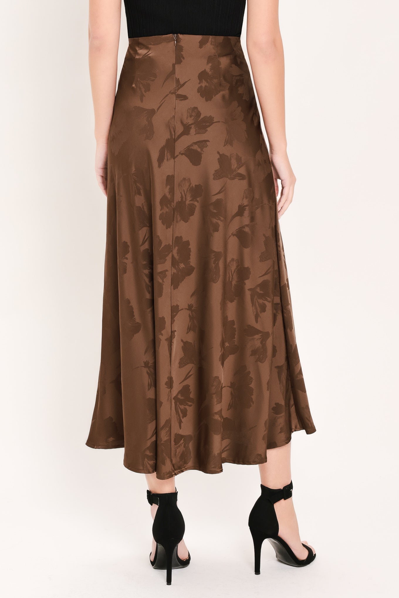 Flying Tomato Chocolate Floral Woven Jacquard Midi Skirt