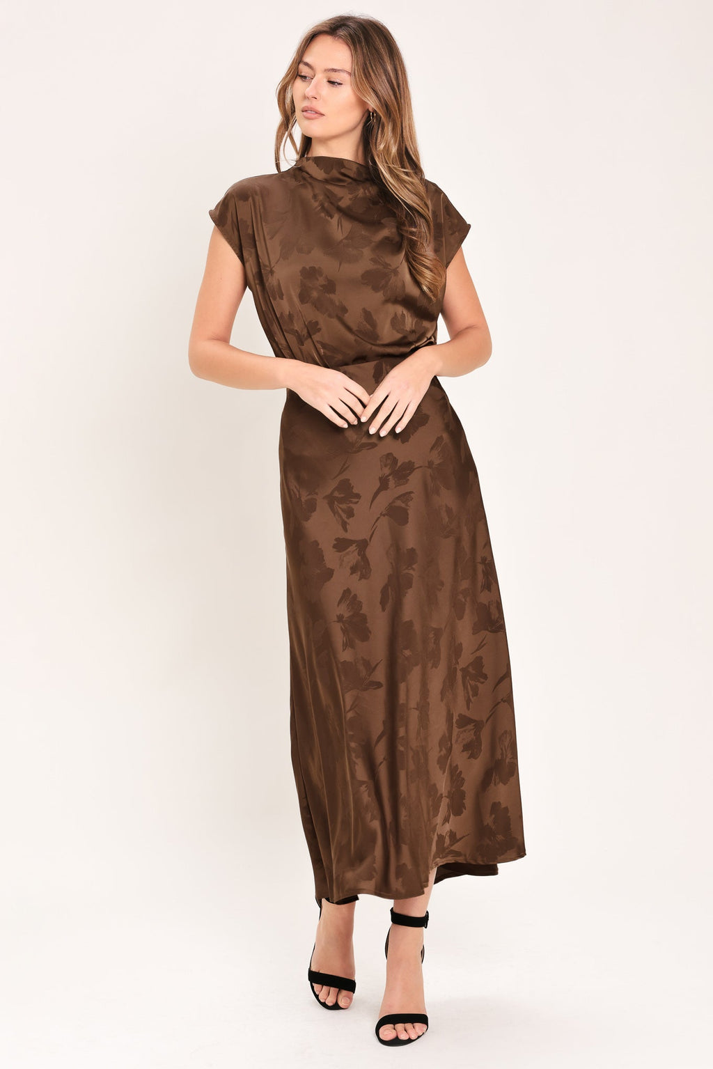 Flying Tomato Chocolate Floral Woven Jacquard Midi Skirt