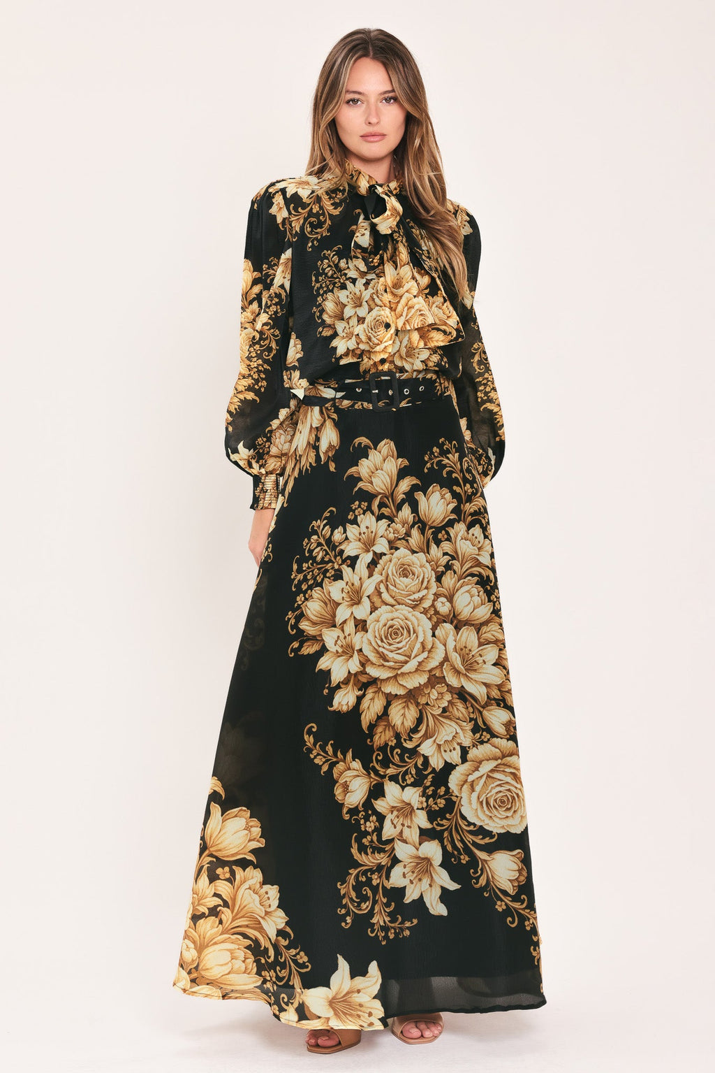 Flying Tomato Moonlit Garden Belted Floral Maxi Skirt