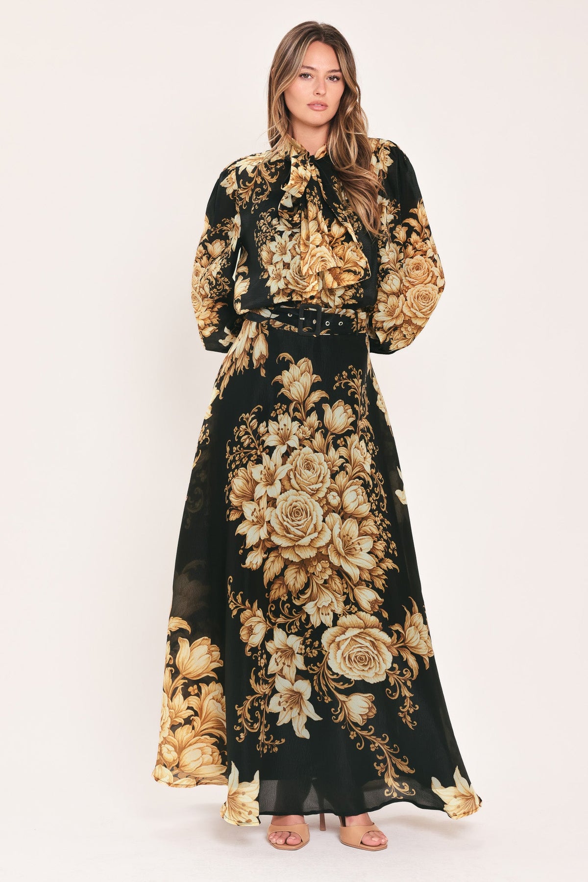 Flying Tomato Moonlit Garden Belted Floral Maxi Skirt