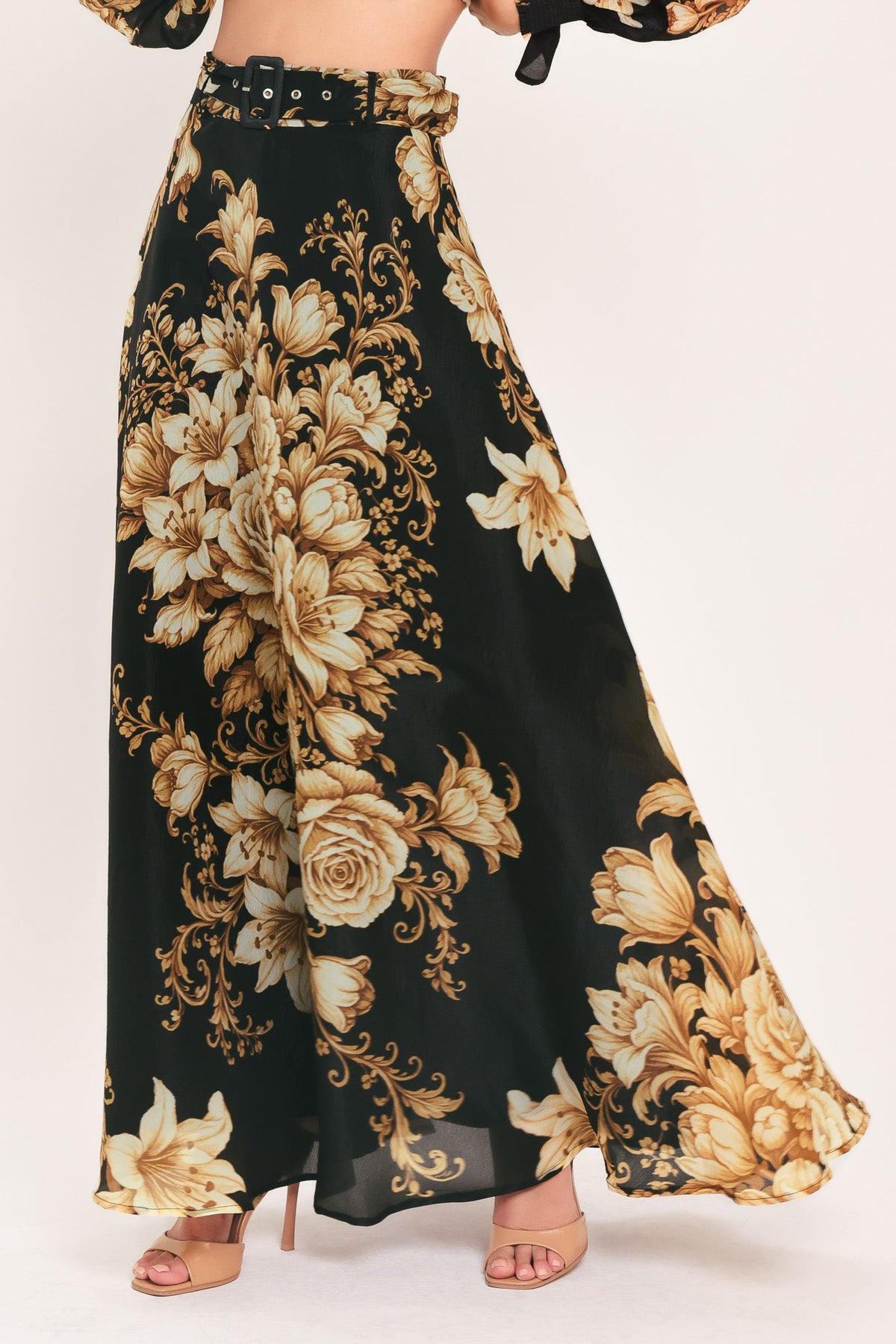Flying Tomato Moonlit Garden Belted Floral Maxi Skirt