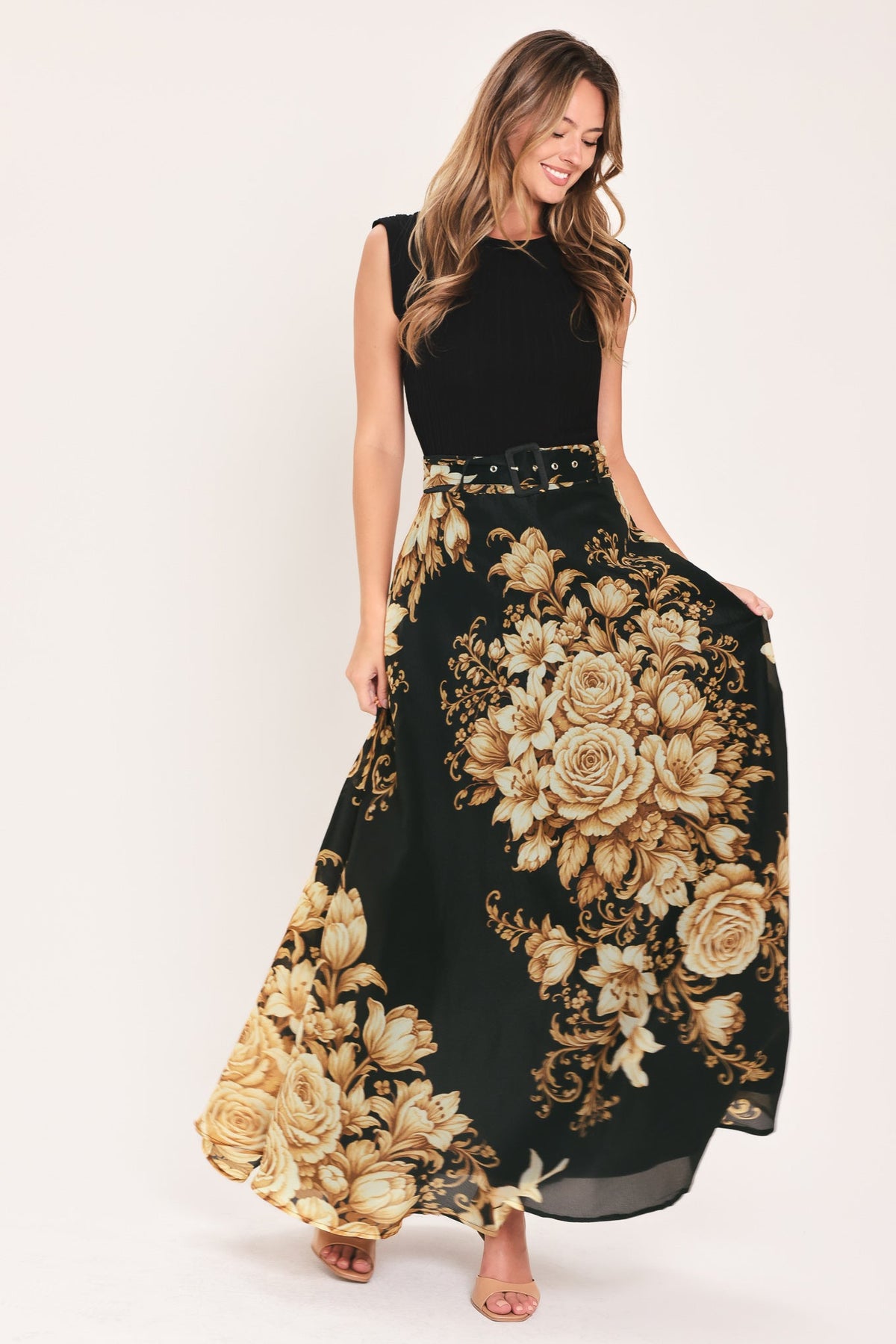 Flying Tomato Moonlit Garden Belted Floral Maxi Skirt