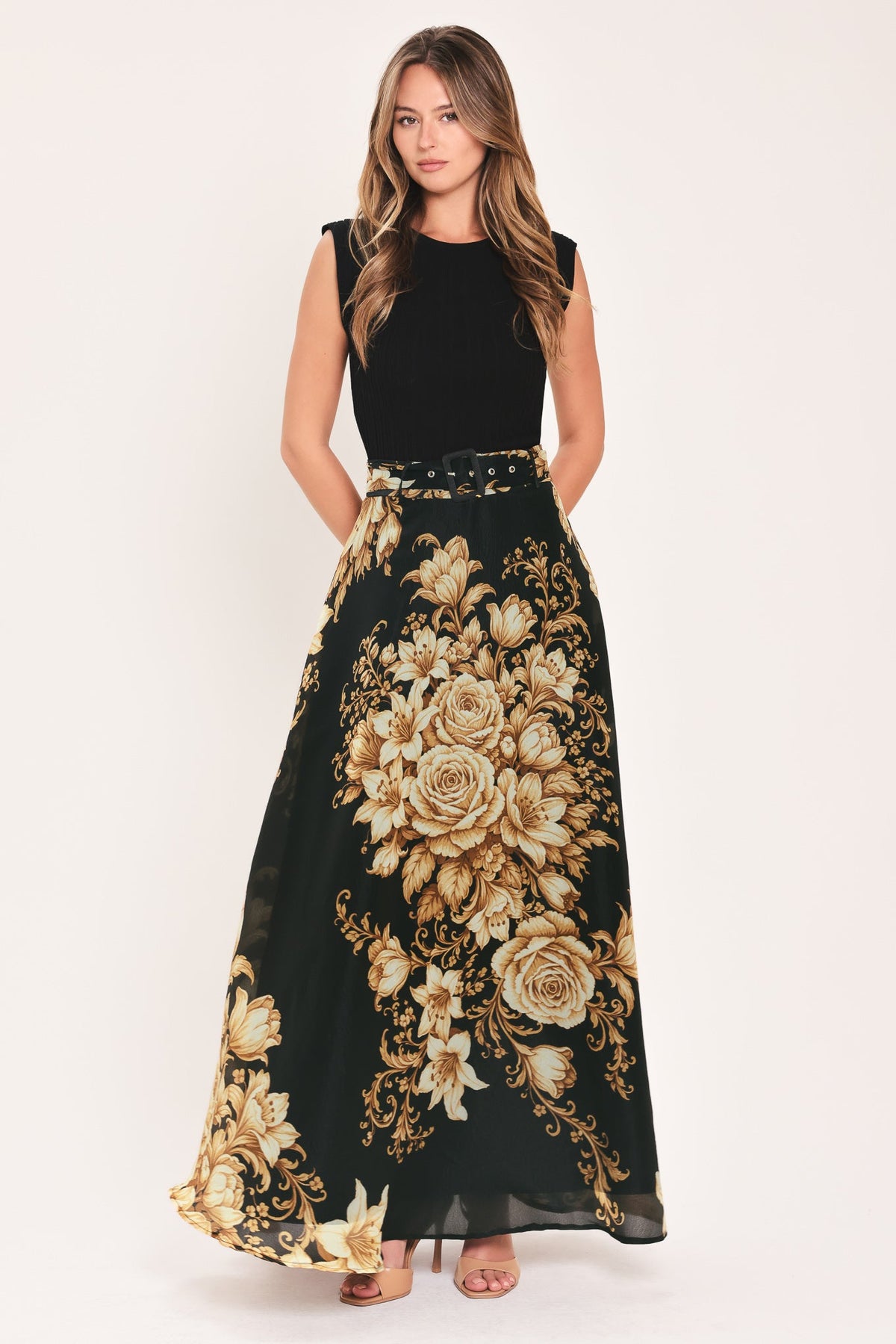 Flying Tomato Moonlit Garden Belted Floral Maxi Skirt