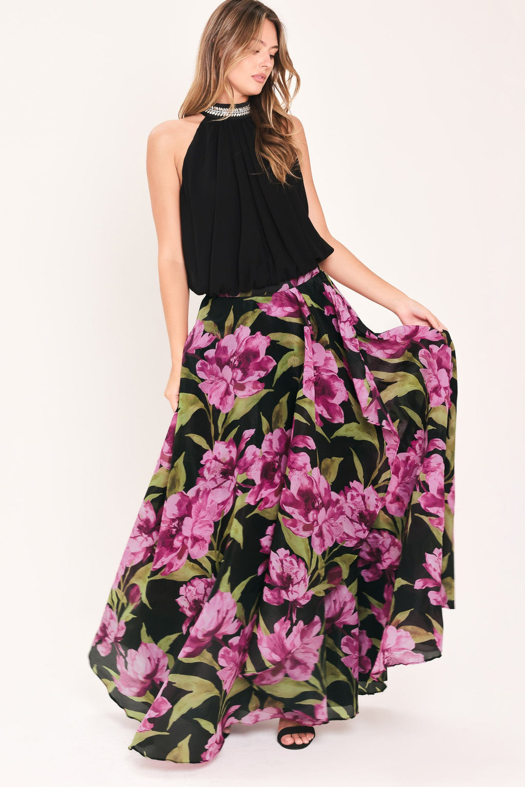 Flying Tomato Noir Garden Black Floral Maxi Skirt