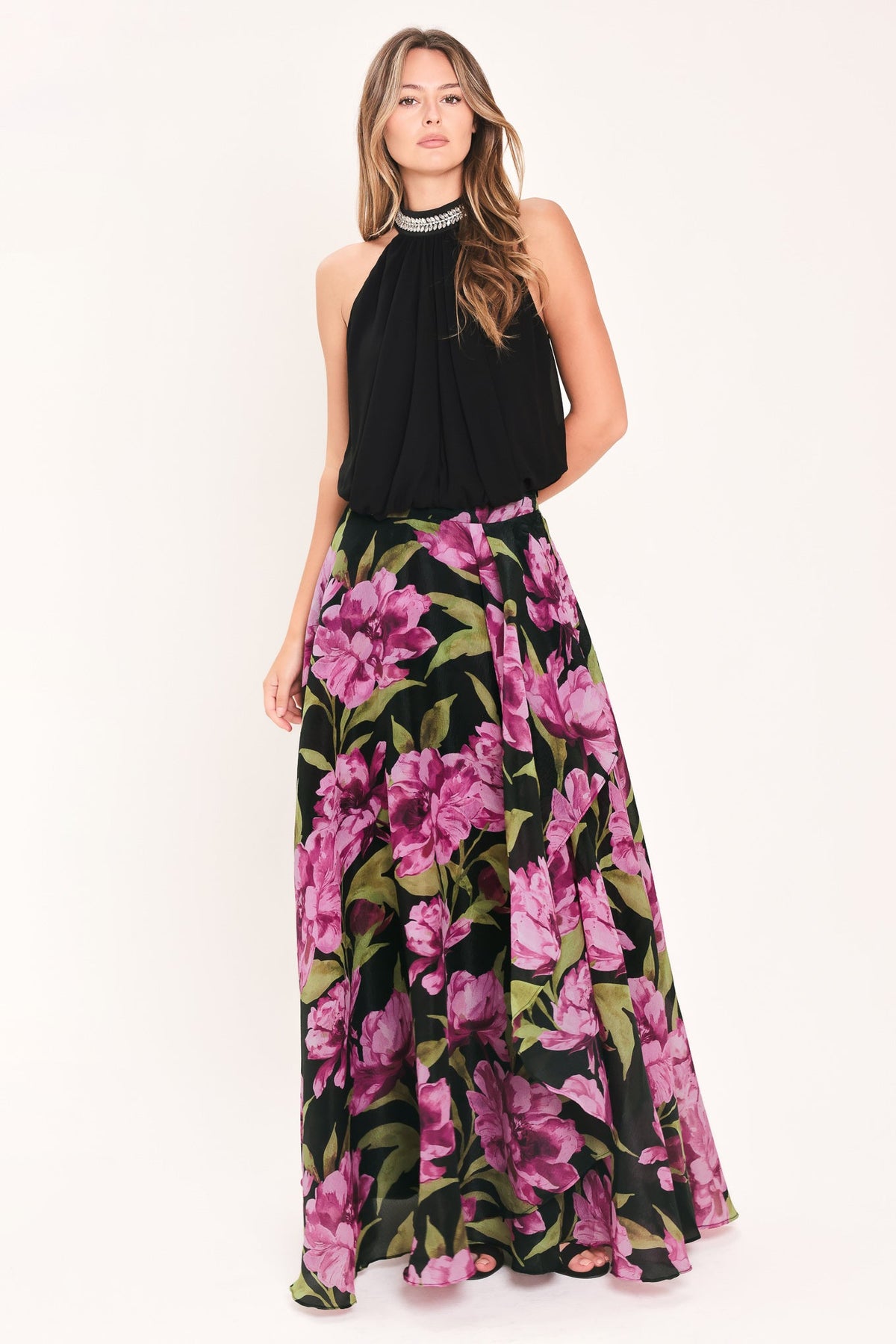 Flying Tomato Noir Garden Black Floral Maxi Skirt