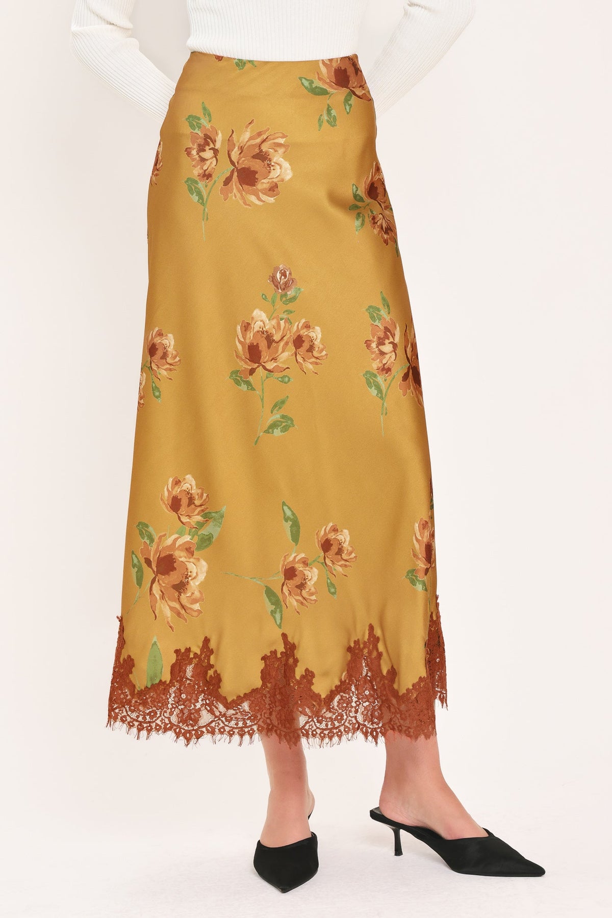 Flying Tomato Countryside Charm Floral Lace-Hem Midi Skirt