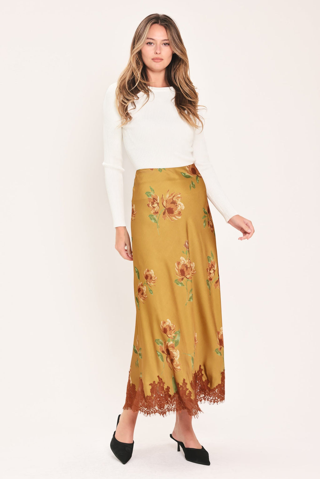 Flying Tomato Countryside Charm Floral Lace-Hem Midi Skirt