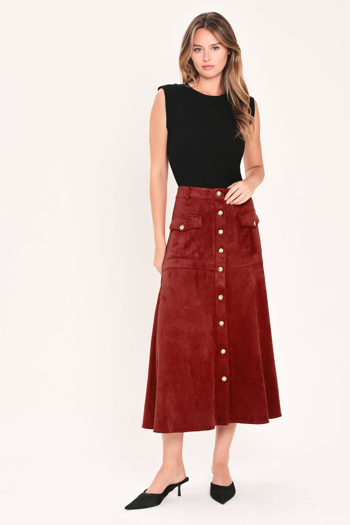 Flying Tomato Rustic Romance Brick Faux Suede Midi Skirt