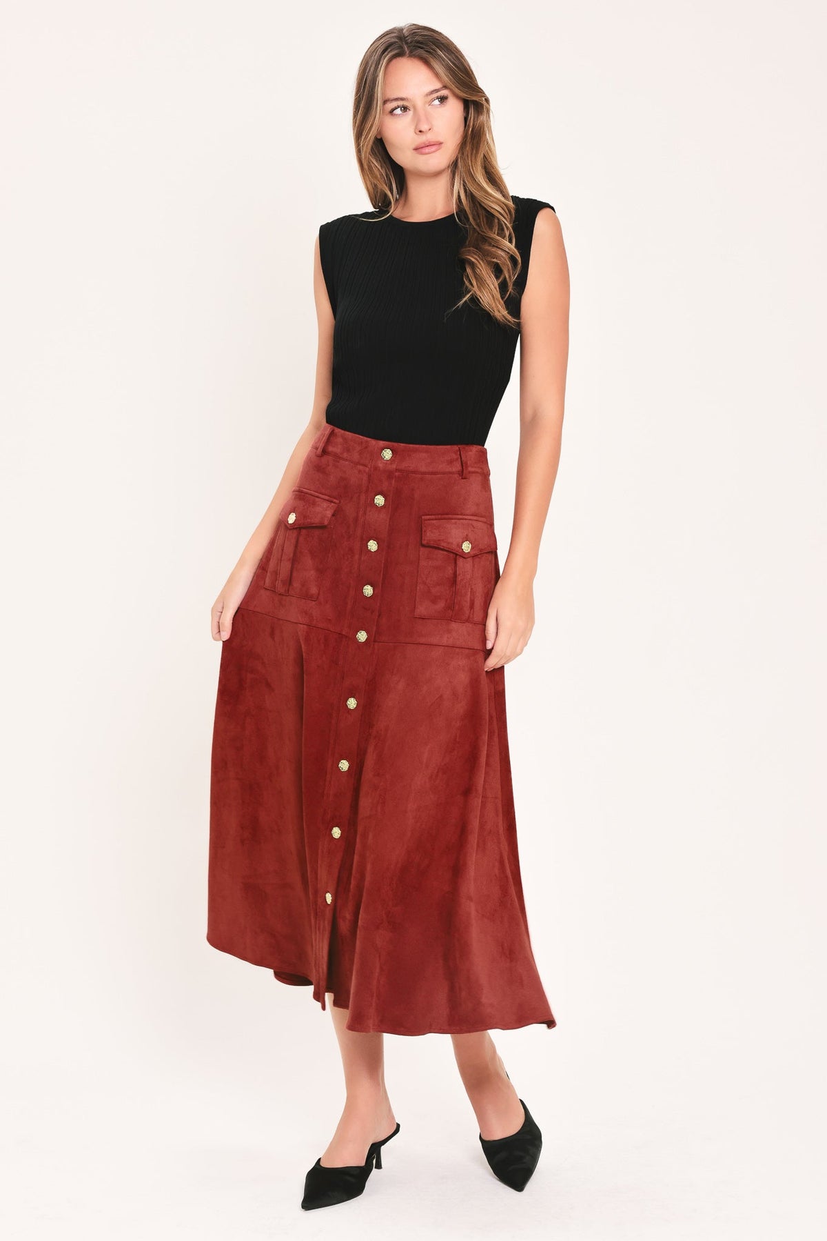 Flying Tomato Rustic Romance Brick Faux Suede Midi Skirt