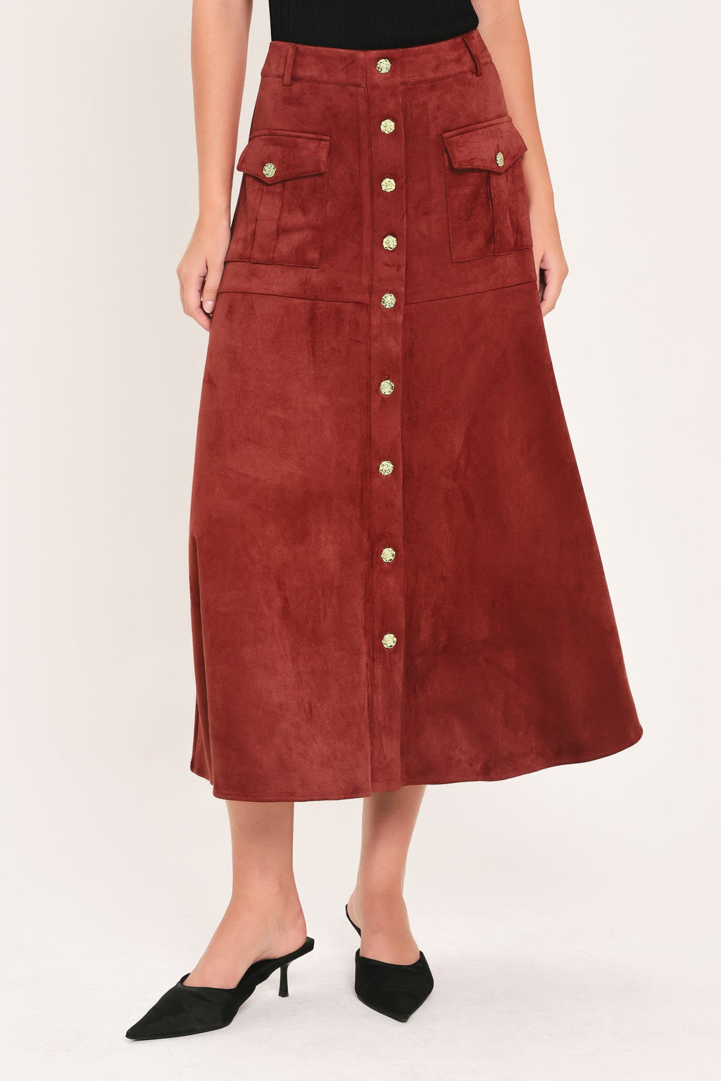 Flying Tomato Rustic Romance Brick Faux Suede Midi Skirt