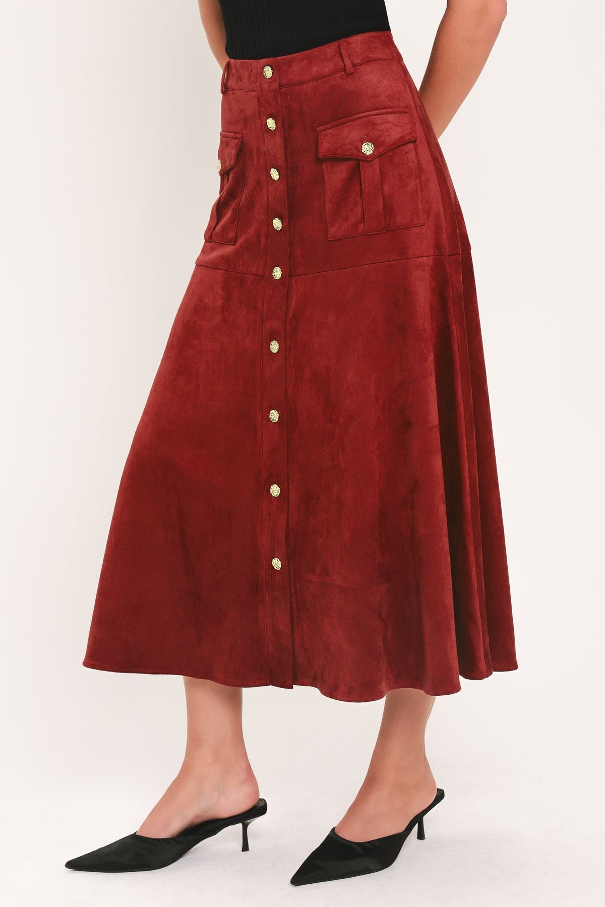 Flying Tomato Rustic Romance Brick Faux Suede Midi Skirt