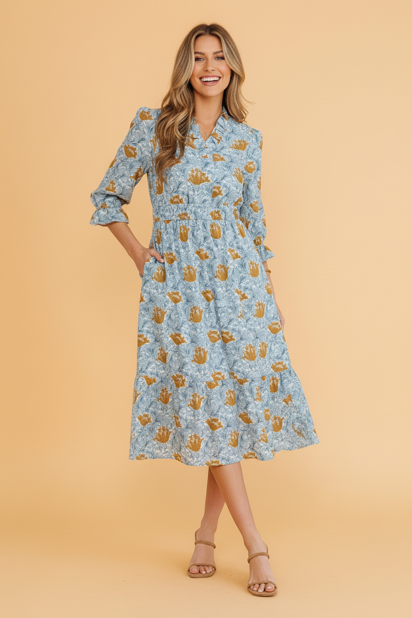 Floral Frilled V-Neck 3/4 Sleeve Midi Dress