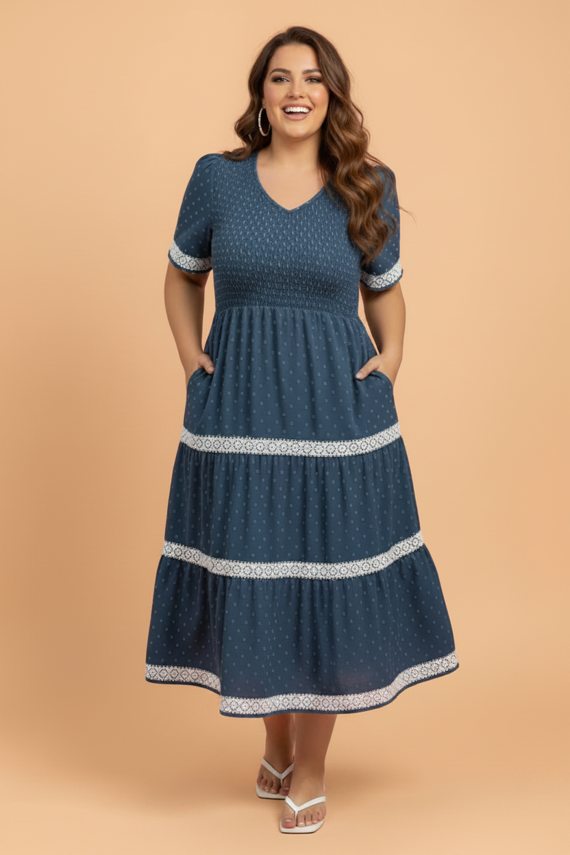 Plus Size Swiss Dot Lace Trim Flared Midi Dress
