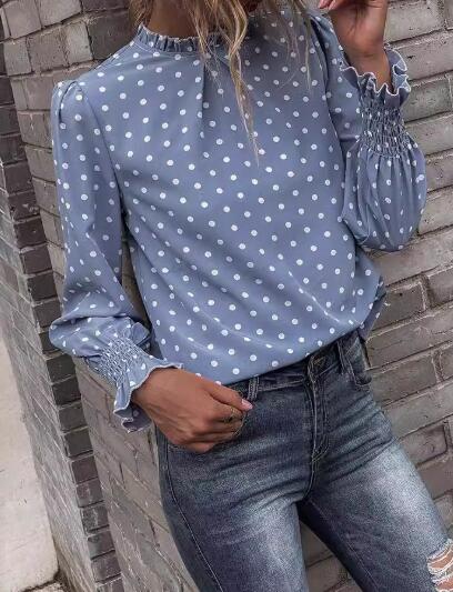 Miss Sparkling Polka Dot Print Lantern Sleeve Blouse