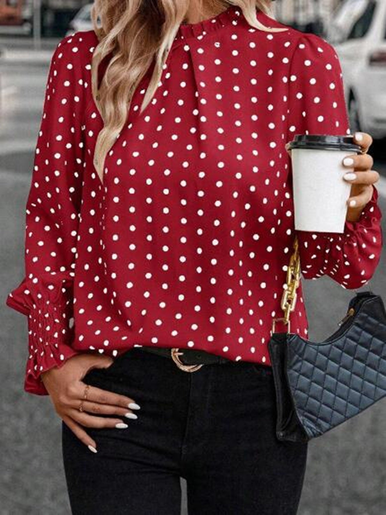 Miss Sparkling Polka Dot Print Lantern Sleeve Blouse