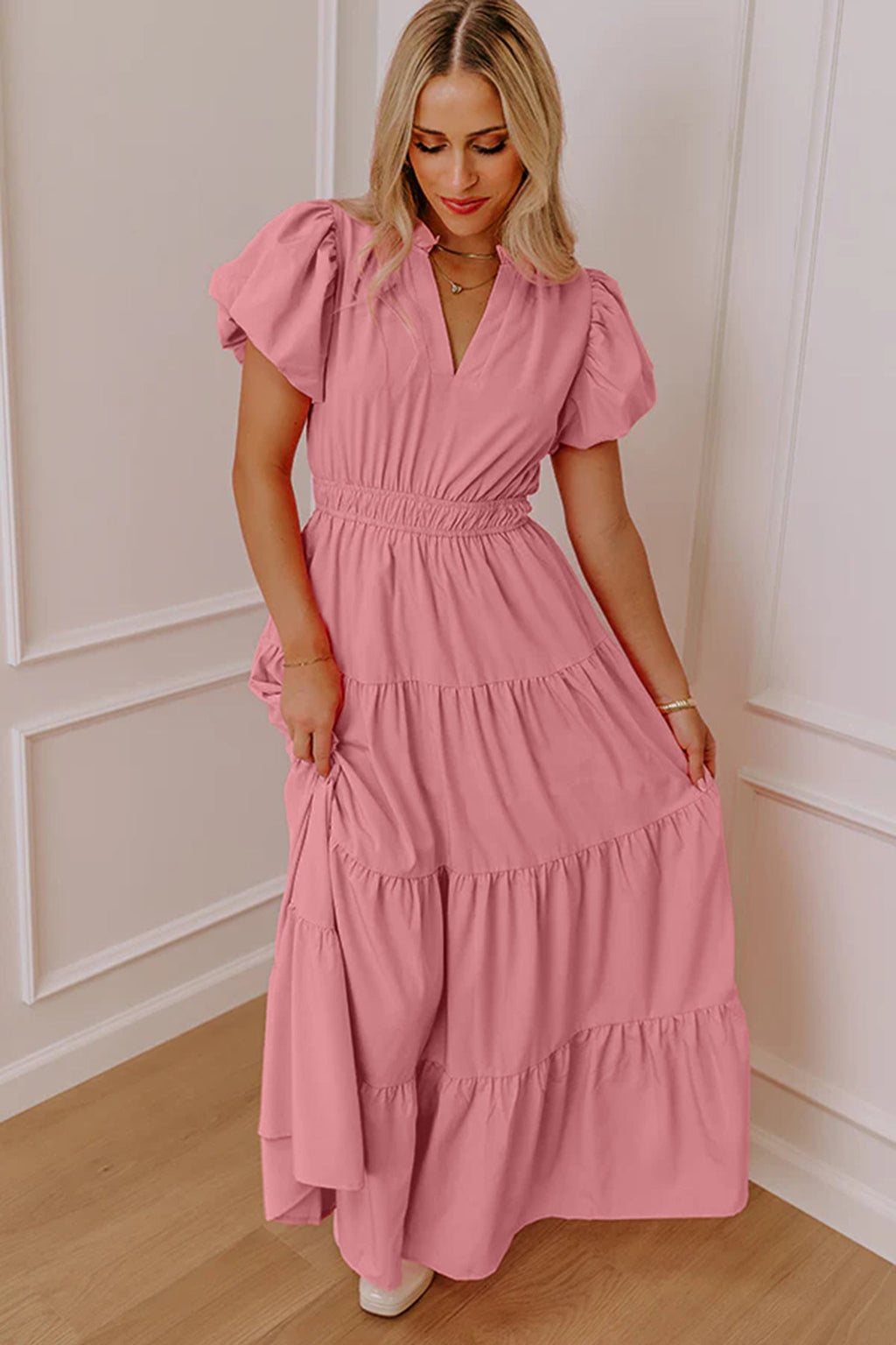 Solid V-Neck Short Puff Sleeve Tiered Maxi Dress in Pink or Aqua