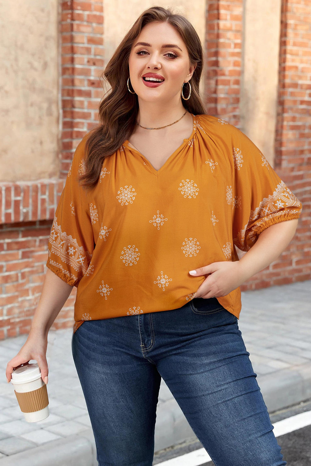 Plus Size Boho Floral Boho Notch V-Neck Top