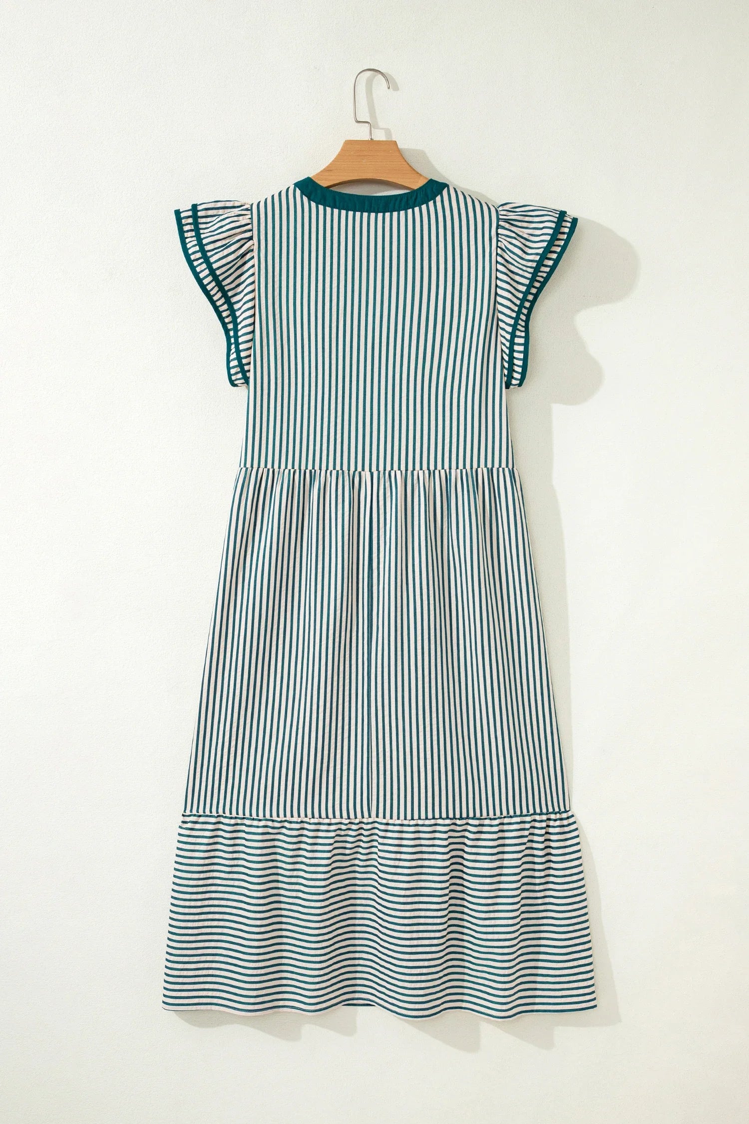 Stripe Ruffle Short Sleeve V-Neck Midi Dress