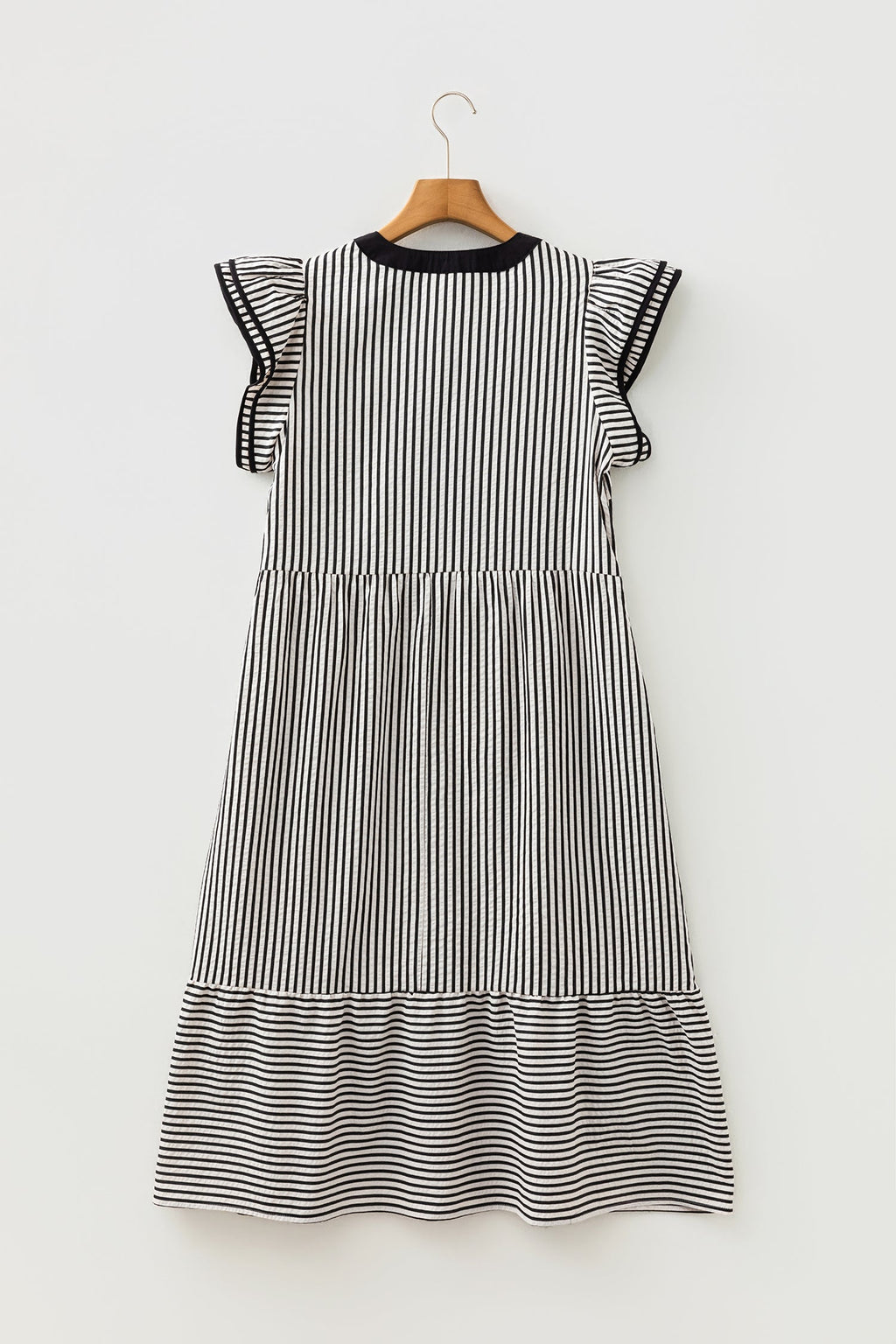 Stripe Ruffle Short Sleeve V-Neck Midi Dress