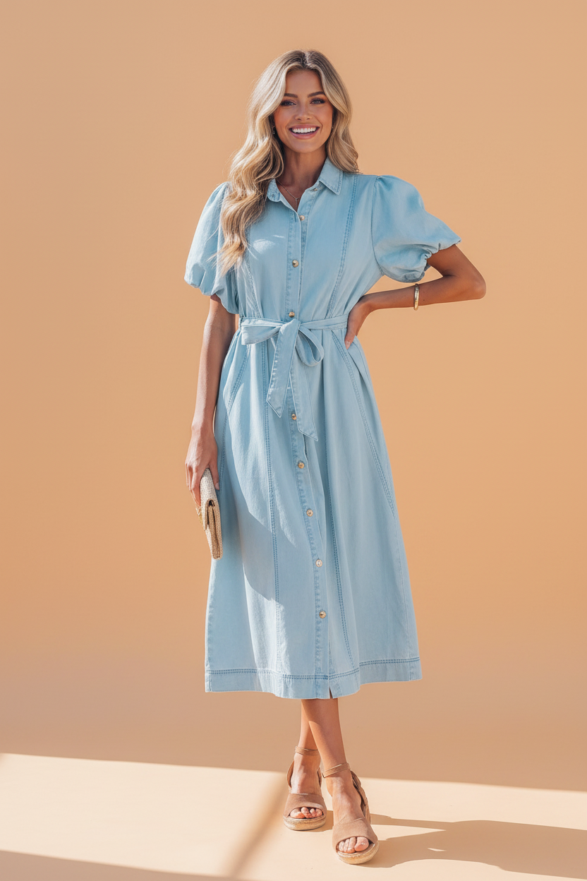 Solid Denim Collared Bubble Sleeve Buttoned Midi Dress