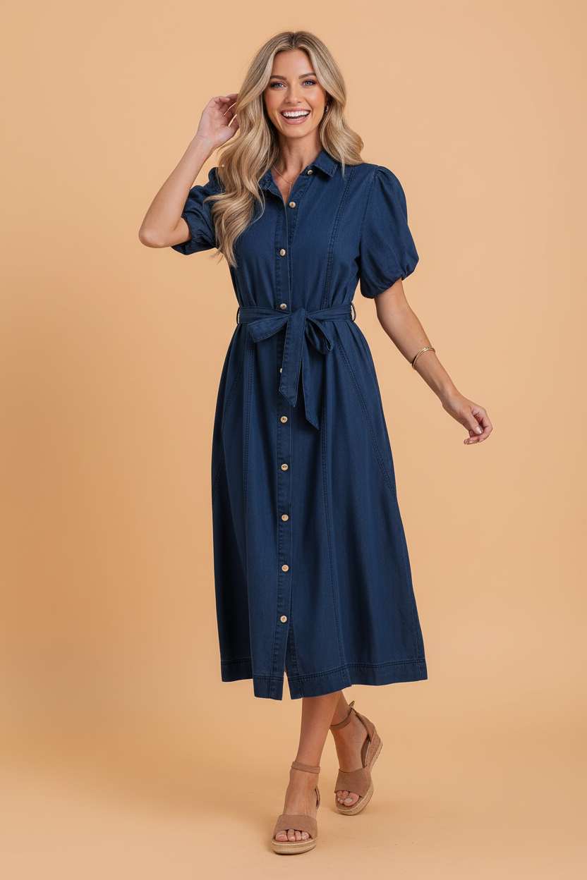 Solid Denim Collared Bubble Sleeve Buttoned Midi Dress