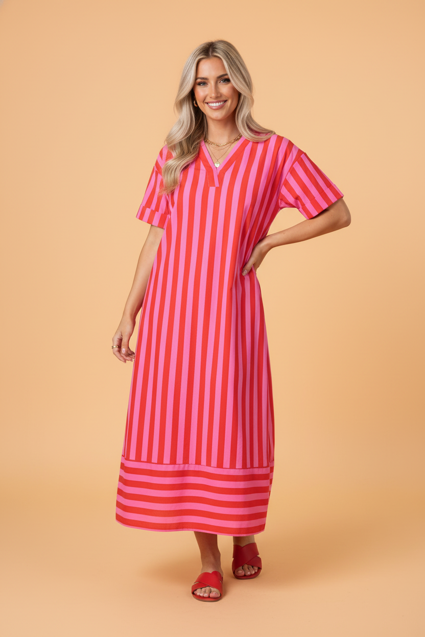 Stripe V-Neck Cuffed Sleeve Split Midi Dress
