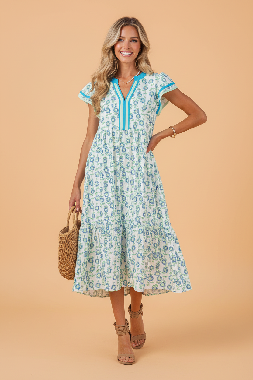 Sunflower Stripe Patchwork Flutter Sleeve Midi Dress