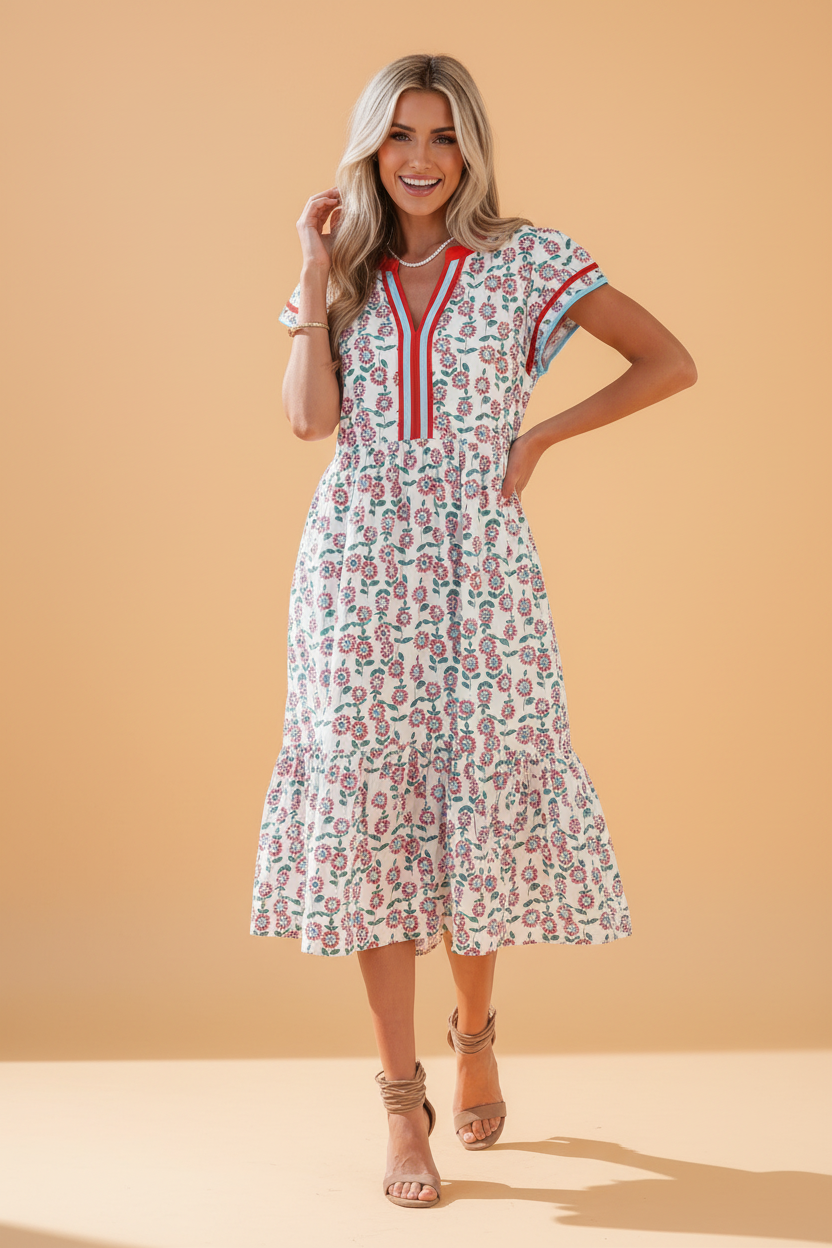 Sunflower Stripe Patchwork Flutter Sleeve Midi Dress