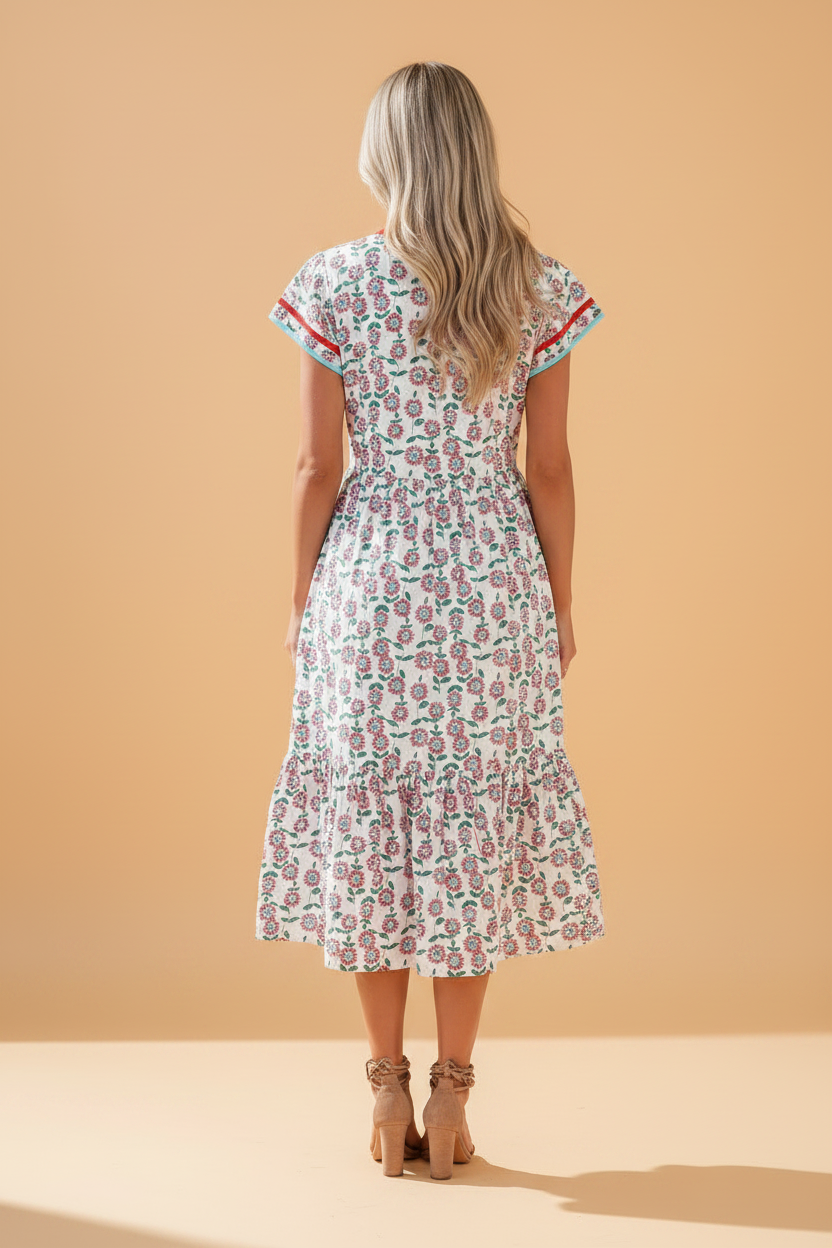 Sunflower Stripe Patchwork Flutter Sleeve Midi Dress