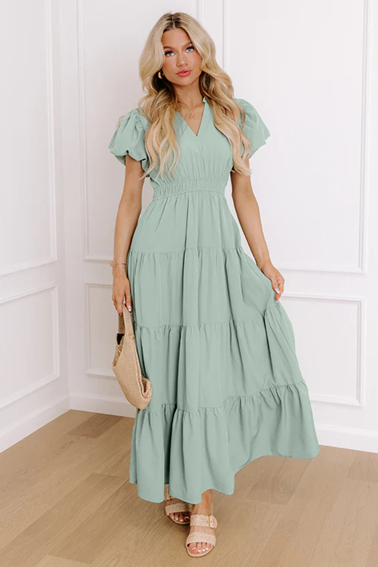 Solid V-Neck Short Puff Sleeve Tiered Maxi Dress in Pink or Aqua