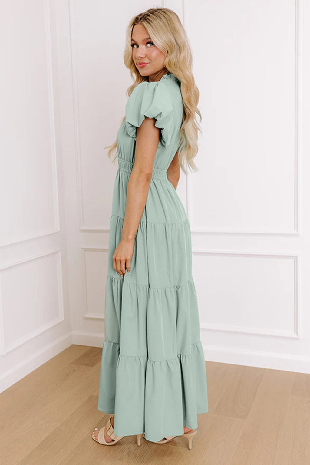 Solid V-Neck Short Puff Sleeve Tiered Maxi Dress in Pink or Aqua